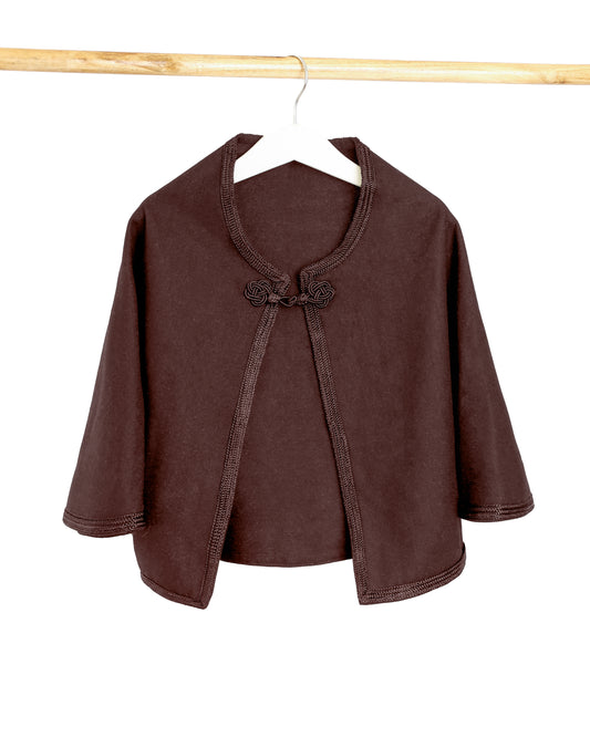 Magnifique Cape traditionnel en cashemire marron meuse uni pour fille, de longueur courte et sans manches avec Sfifa en soie et Kfal de même couleur -  Caftan Nawal